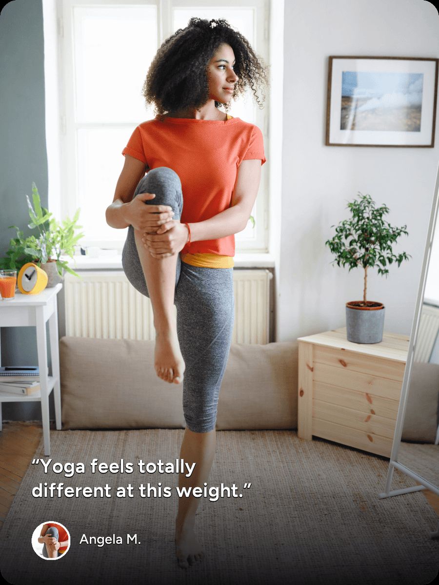 Patient testimonial from Angela M.: “Yoga feels totally different at this weight.”