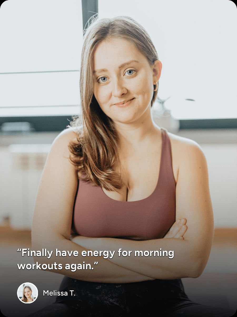 Patient testimonial from Melissa T.: “Finally have energy for morning workouts again.”