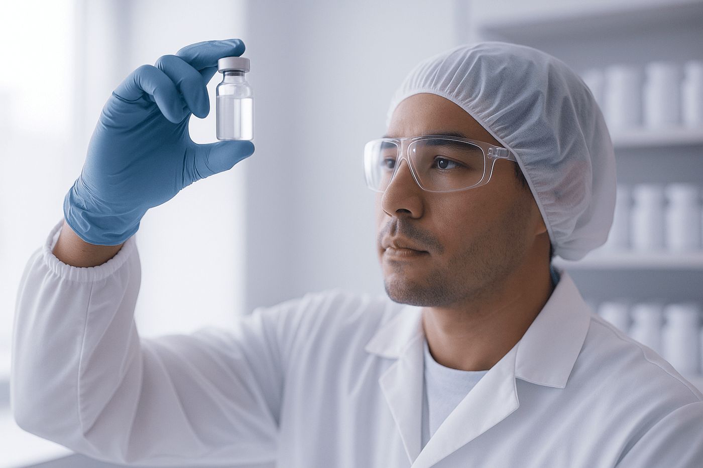 A pharmacy technician in clean-room attire inspecting a compounded medication vial