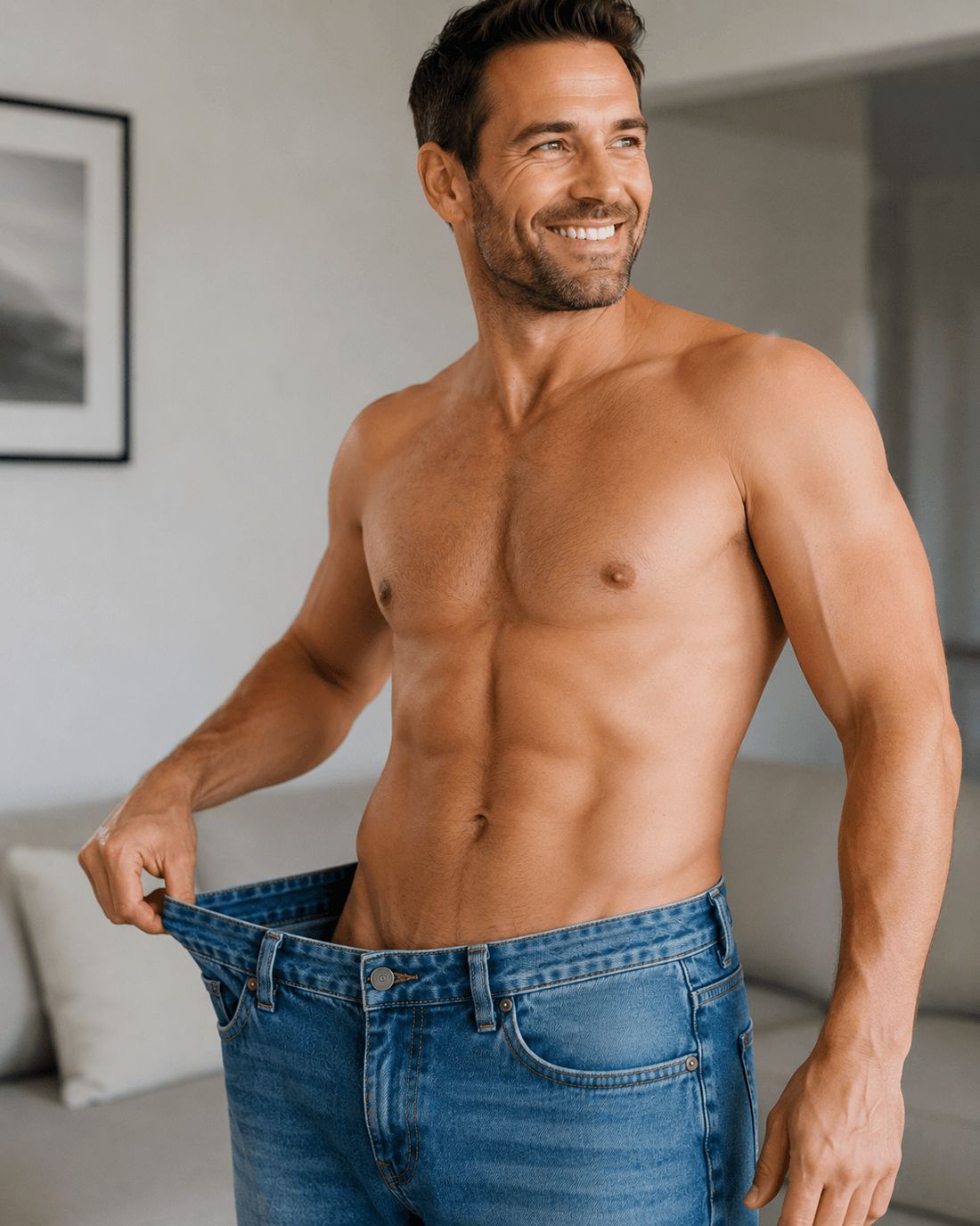 A smiling man holding the now-loose waistband of his jeans
