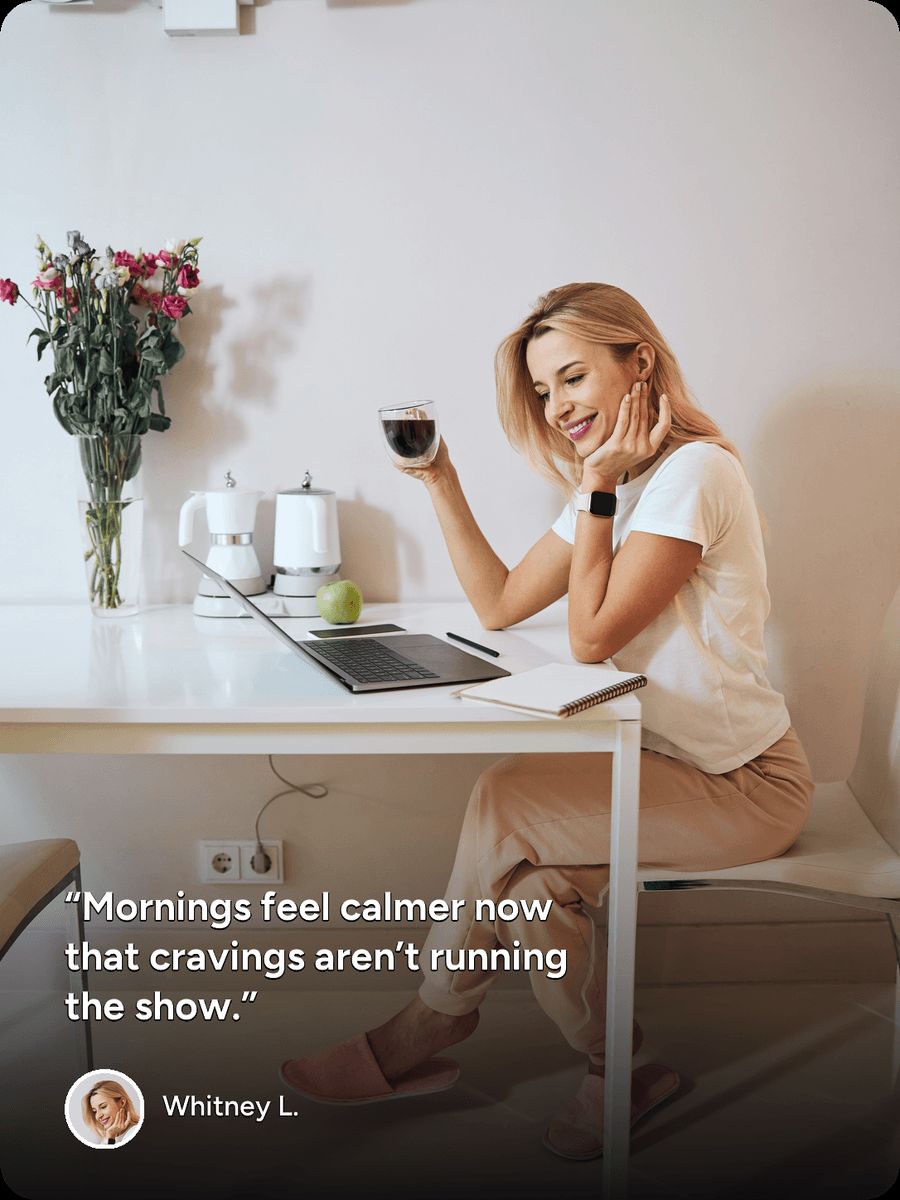 Patient testimonial from Whitney L.: “Mornings feel calmer now that cravings aren't running the show.”